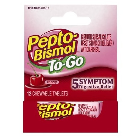 24 PACKS - To Go Portable 5 Symptom Relief Including Upset Stomach and Diarrhea Cherry Flavor Chewable Tablets 12 Count